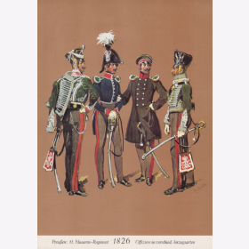 Uniformtafel Gr.1/Nr.373: PREUSSEN, 1826. Offiziere vom 11. Husaren.Regiment 1826 in verschiedenen Anzugsarten