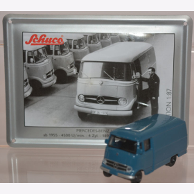 Schuco Modell 1:87 Mercedes-Benz L319 blau mit Schild aus Emaille
