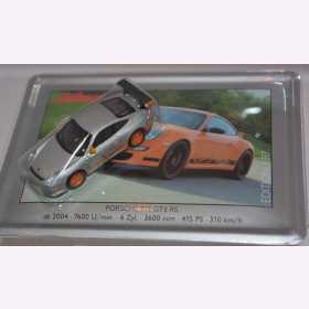 Schuco Modell 1:87 Porsche 911 GT3 RS silber/orange mit Schild aus Emaille